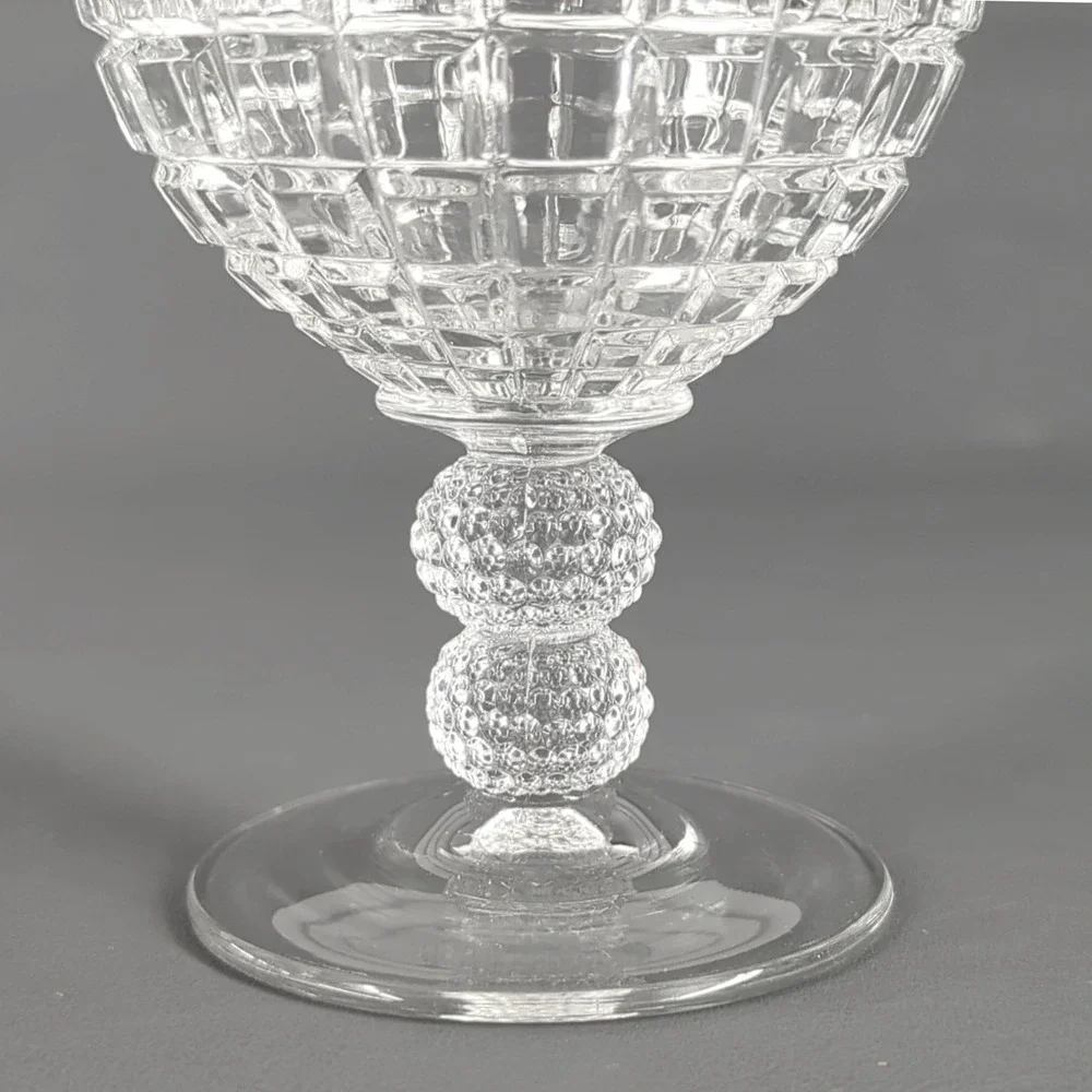 Vintage Waffle Grid Crystal Wine Goblets Double Ball Hobnail Stem Set of 5 Clear